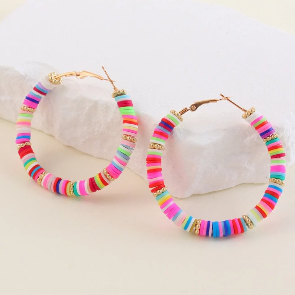 Colorful Soft Clay Discs Beaded Hoop Earrings NEW - Picture 2 of 5